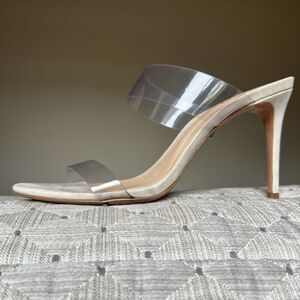 Schutz Ariella Clear‎ Straps Heeled Sandals Beige Leather Inner Sole Women 9.5 B